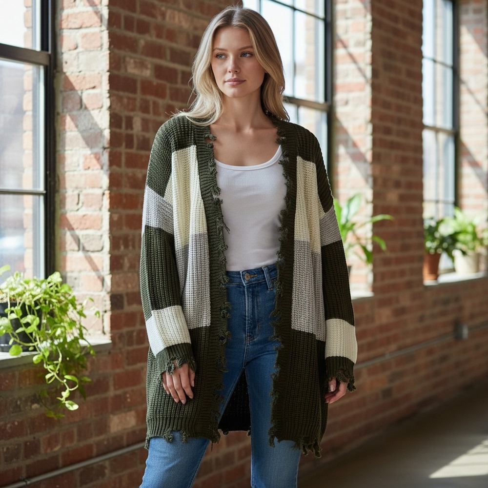 Derek Heart Womens 1X Distressed Colorblock Cardigan Olive Green Shaker Knit